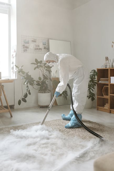A person dressed in white protective coveralls, a face mask, and blue gloves is using a professional vacuum cleaner to deep clean a beige carpet in a bright, well-lit room. The room features a modern wooden shelving unit, potted plants near the window, and light-colored walls with minimal decor, including a whiteboard and some photographs. The surface cleaning process appears thorough, with visible dust being removed from the carpet, and the natural light from the window enhances the clean and hygienic appearance of the space. This image illustrates the professional carpet cleaning service provided by Harrow Carpet Cleaning, emphasizing surface hygiene and maintenance within a residential setting.