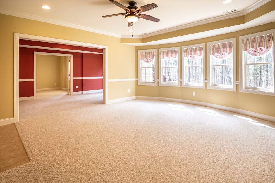A spacious living room with a neutral beige carpet that appears clean and well-maintained, illuminated by natural light coming through a row of large windows dressed with pink and white valances. The walls are painted in a soft yellow tone, with white trim and crown molding adding a touch of elegance. The ceiling has a ceiling fan with wooden blades and a central light fixture, contributing to the room's comfort. Next to the window area, a section of terracotta-tiled flooring is visible, providing a durable surface for a dining area or entryway. The adjoining room features a red accent wall with white trim, and a wide doorway frames the view into the next space, which also appears bright and tidy. The overall scene reflects a well-kept, pristine environment suitable for surface cleaning and deep cleaning services offered by Harrow Carpet Cleaning to maintain hygiene and aesthetic appeal.