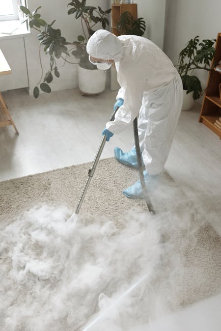 A professional cleaner from Harrow Carpet Cleaning is performing deep cleaning or sanitisation of a light-colored, textured carpet in a residential living room. The cleaner is dressed in full protective gear, including a white coverall, gloves, a face mask, and shoe covers, and is using a steam cleaning machine with a long wand attachment to remove dirt and stains from the carpet surface. The room is well-lit with natural light coming from a window, and features several potted plants, wooden furniture, and a carpeted floor, all appearing clean and well-maintained. The image demonstrates thorough surface cleaning and maintenance aimed at ensuring hygiene and freshness in domestic environments, consistent with the services promoted on the harrowcarpetcleaning.co.uk website.