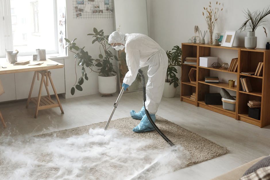 A professional cleaner dressed in white protective suit, mask, and blue gloves is performing surface cleaning on a beige carpet floor using a steam or flood drying machine, in a well-lit living room with large windows. The room features a wooden bookshelf filled with books, decorative items, and photo frames on the right side, a wooden side table with potted plants near the window on the left, and natural light illuminating the space. The scene depicts deep cleaning and sanitisation processes performed by Harrow Carpet Cleaning to address flooding or water damage, ensuring hygienic and thoroughly dried surfaces in a residential setting.